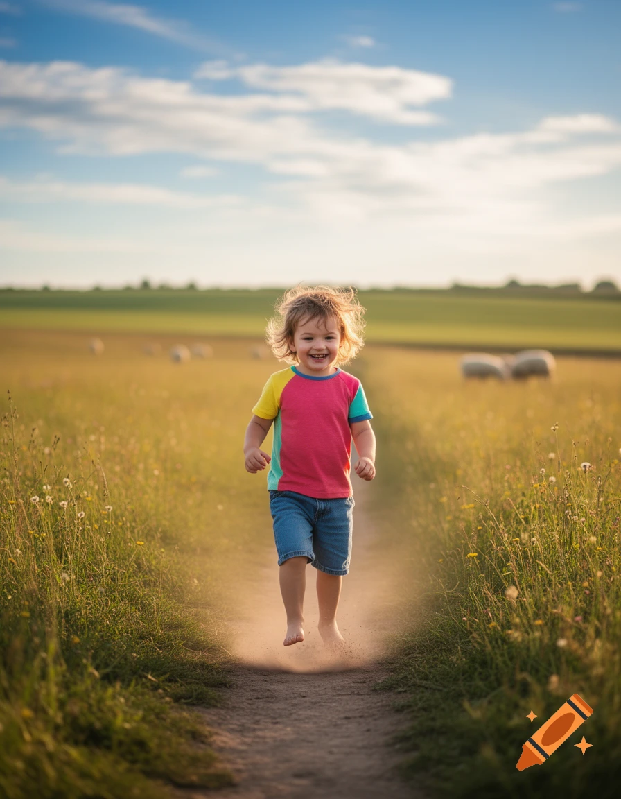 A smiling child with curly hair runs barefoot on a dirt path through a sunny field.