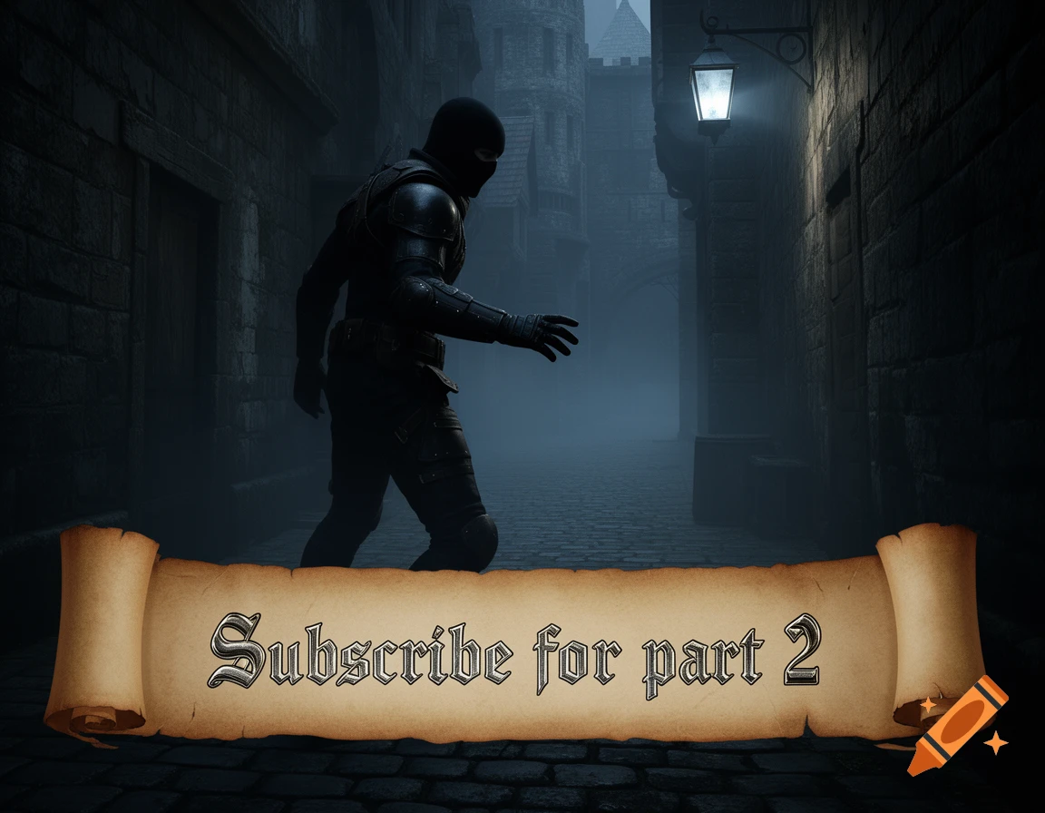 A dark, cloaked figure in a misty alley, with a scroll at the bottom reading 'Subscribe for part 2'.