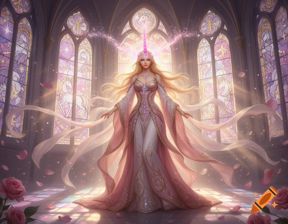 A divine goddess with long blonde hair and a pink unicorn horn stands in a glowing cathedral with stained glass unicorn windows.