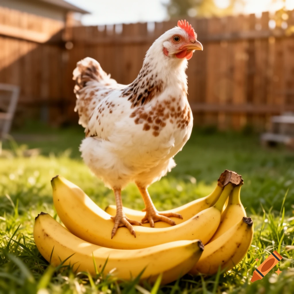 A white and brown spotted chicken stands on a bunch of yellow bananas in green grass during golden hour, with a wooden fence in the background.
