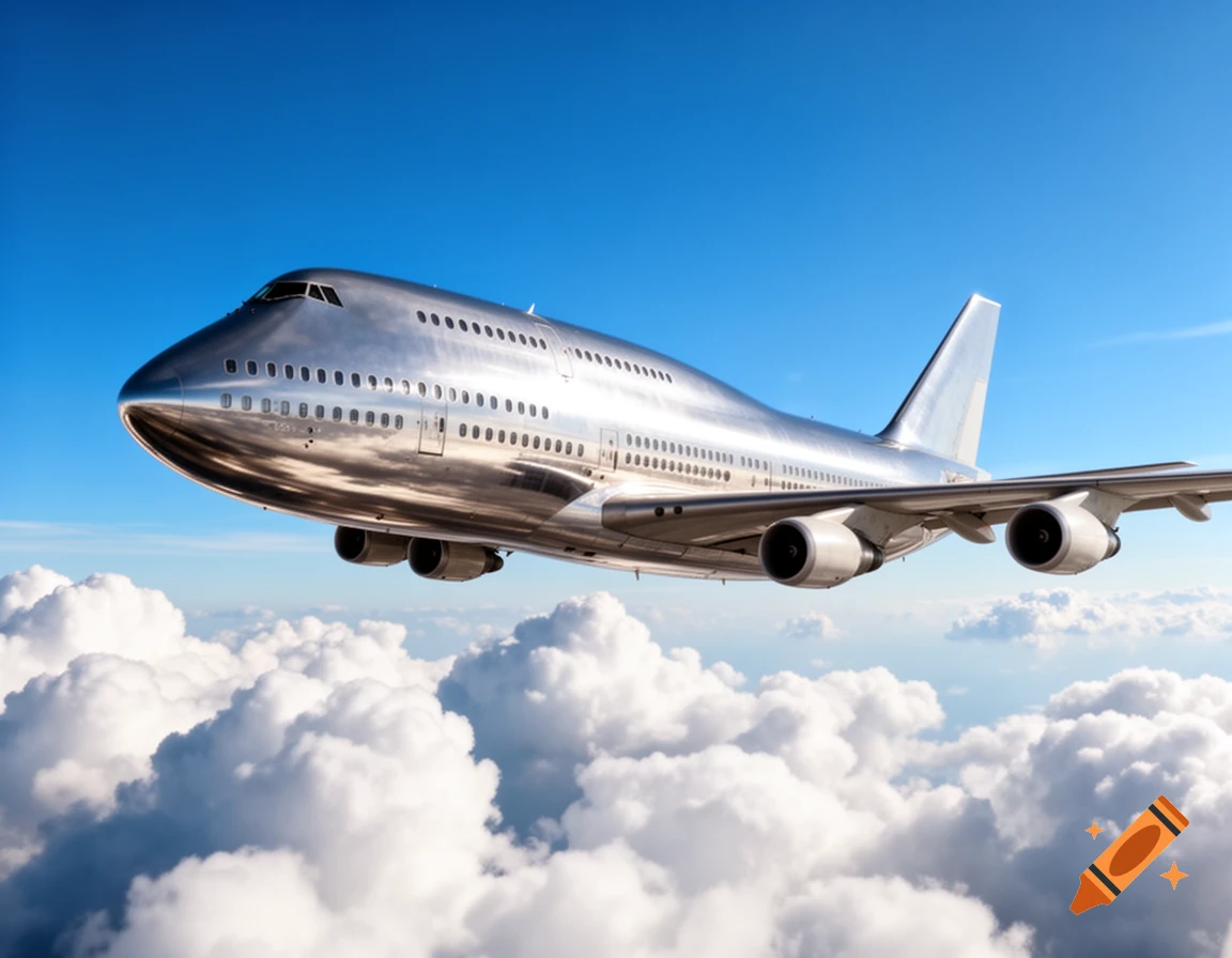 A shiny silver airplane flying above fluffy white clouds under a clear blue sky.