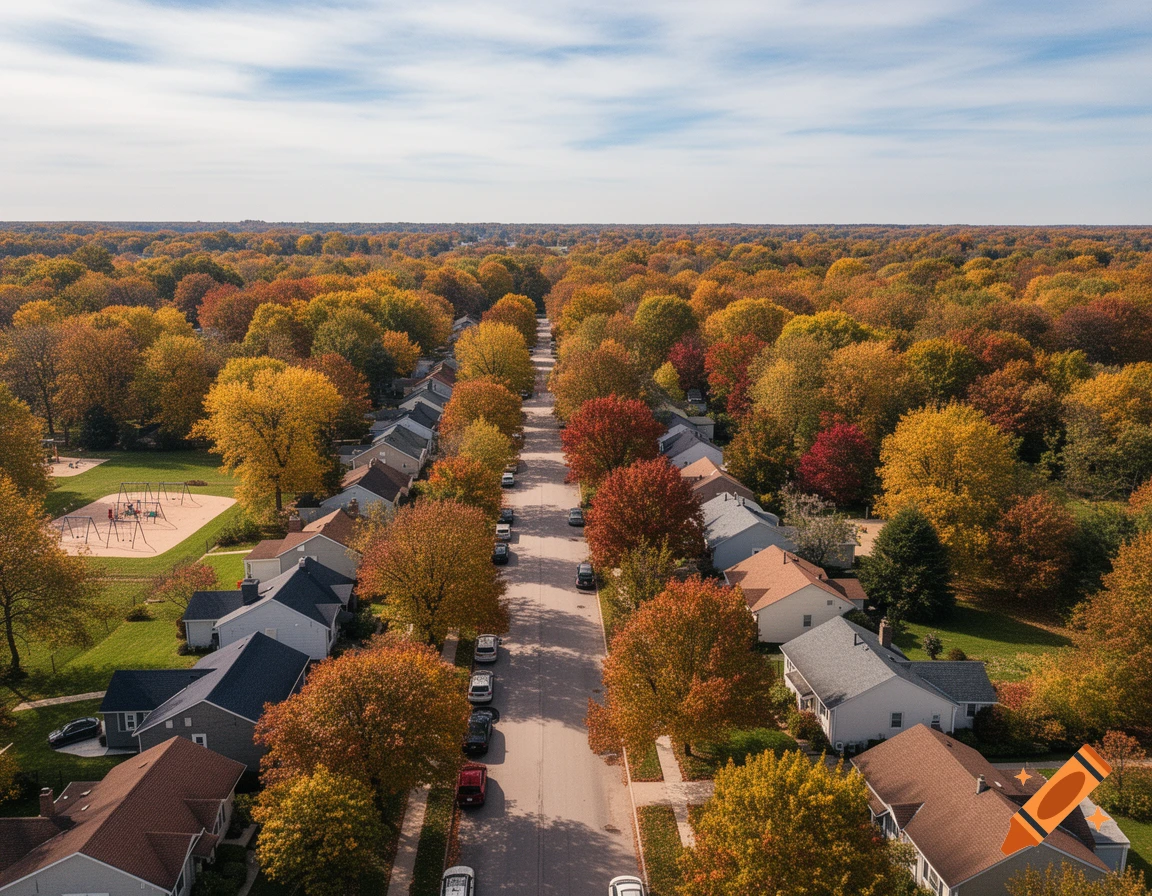 Aerial view of a suburban neighborhood in autumn, with houses lining a street bordered by trees in vibrant fall colors.