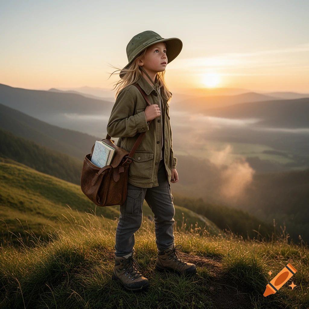 Young girl in explorer outfit with a satchel, standing on a grassy mountain at sunset, looking towards the horizon.