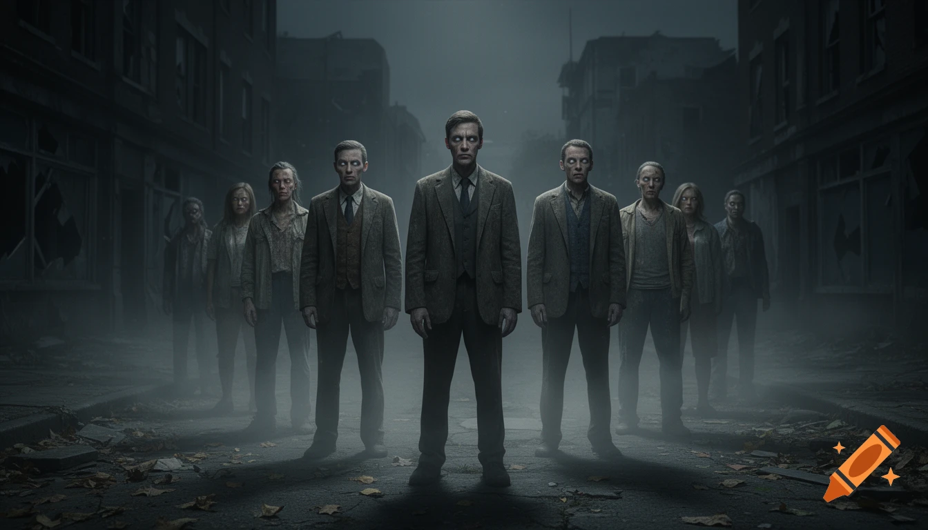 Eerie, pale-faced figures with glowing eyes stand in a foggy, dilapidated city street, evoking a horror movie scene.