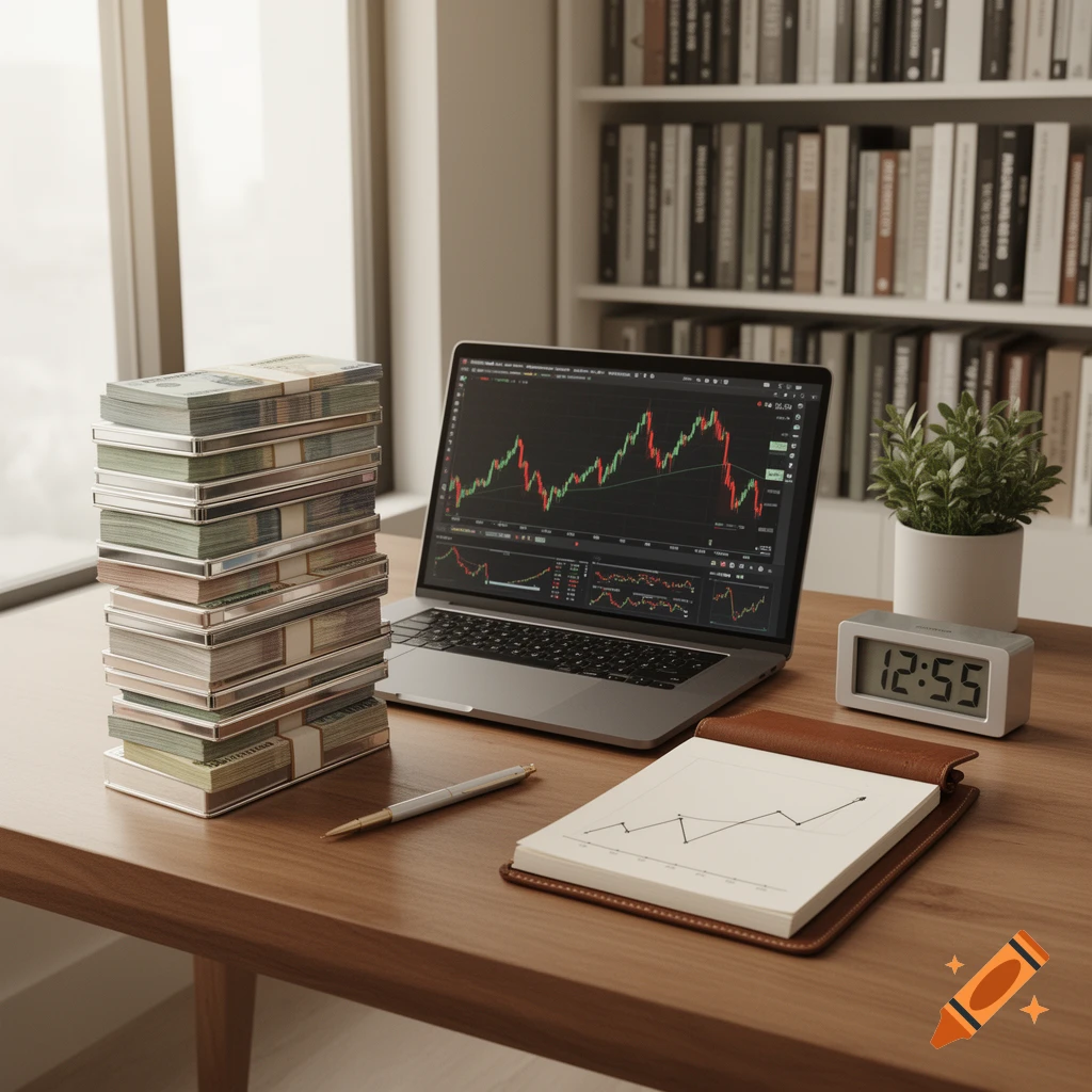 A wooden desk with a tall stack of money, a laptop displaying stock charts, a digital clock, and a notebook with a graph.