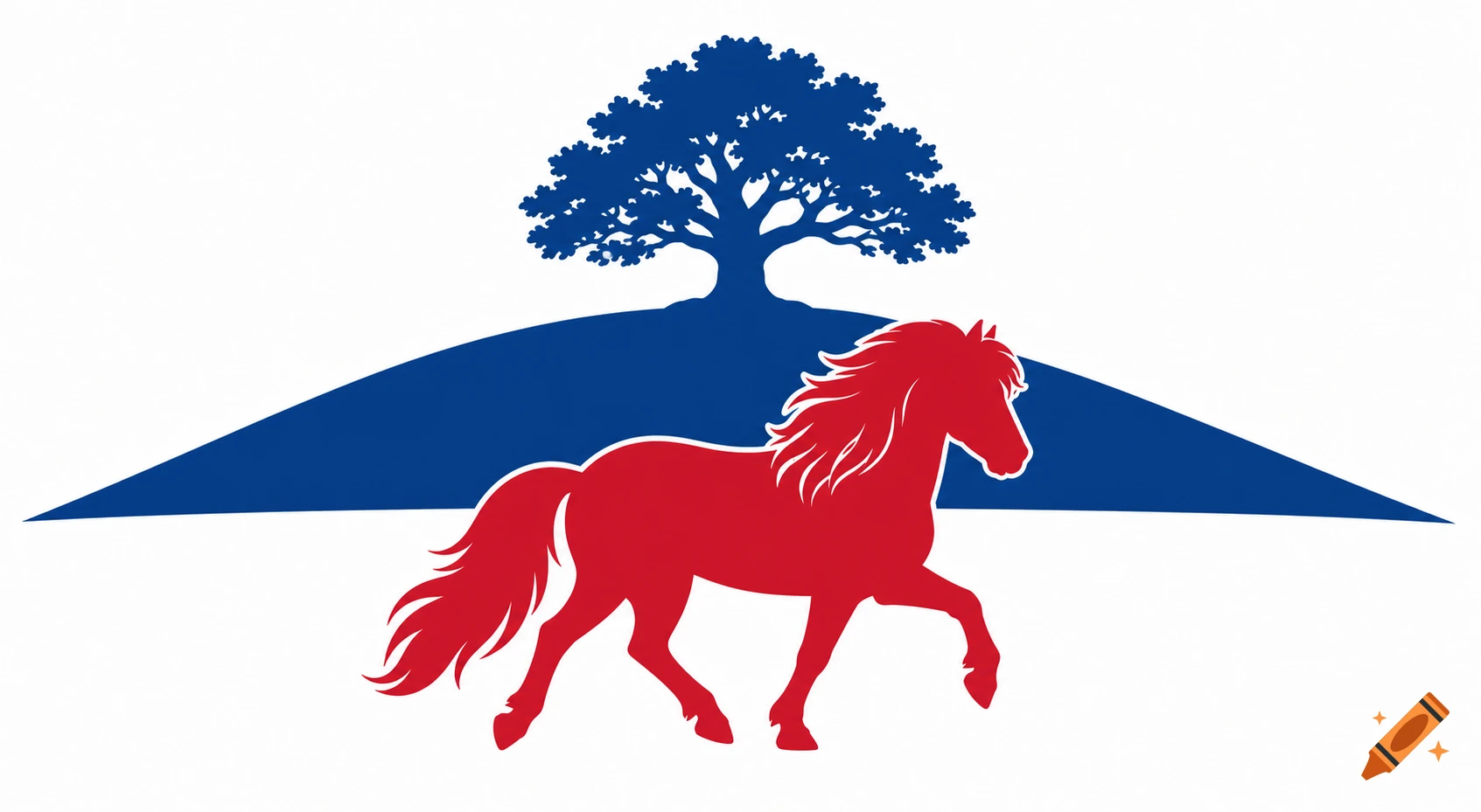 A flat vector logo with a red Icelandic horse walking left, a blue hill, and a blue oak tree on the summit, all against a white background.