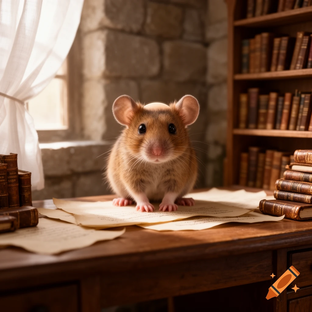 A photorealistic brown mouse with a monk's tonsure sits on a wooden desk amidst old books and papers in a dimly lit study.