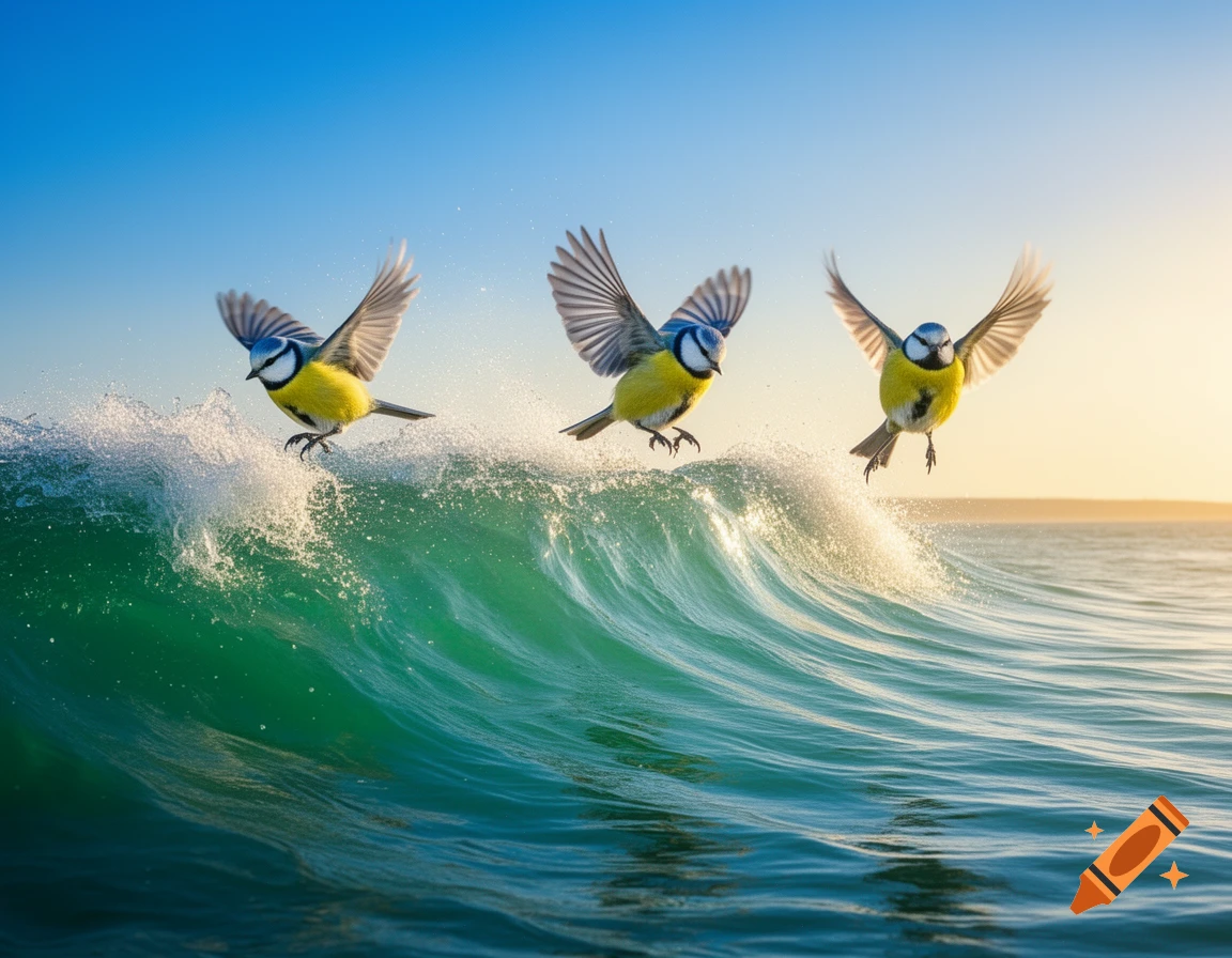 Three blue tits with yellow bellies and blue heads flying over a green ocean wave with white spray under a bright sky.