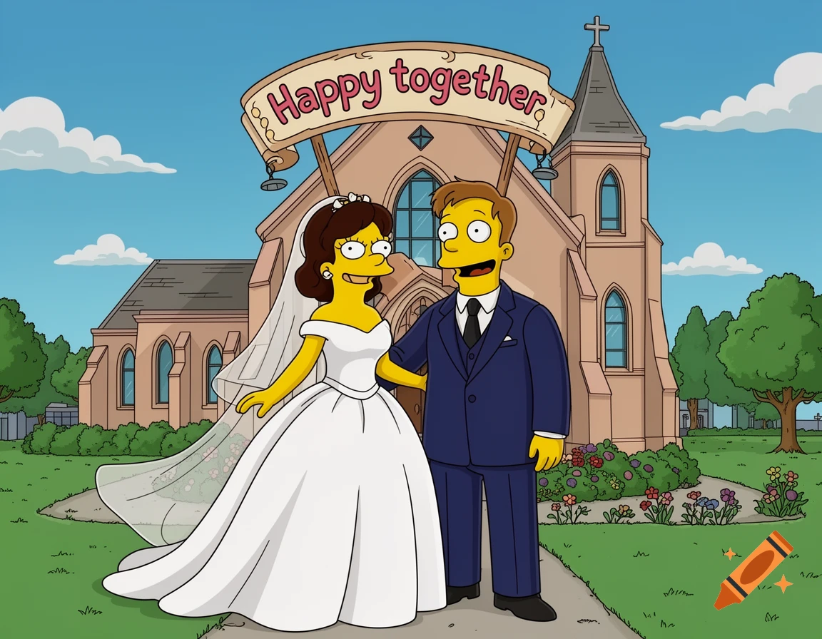 Simpsons-style cartoon wedding couple, a bride and groom, stand before a church with a "Happy together" banner.