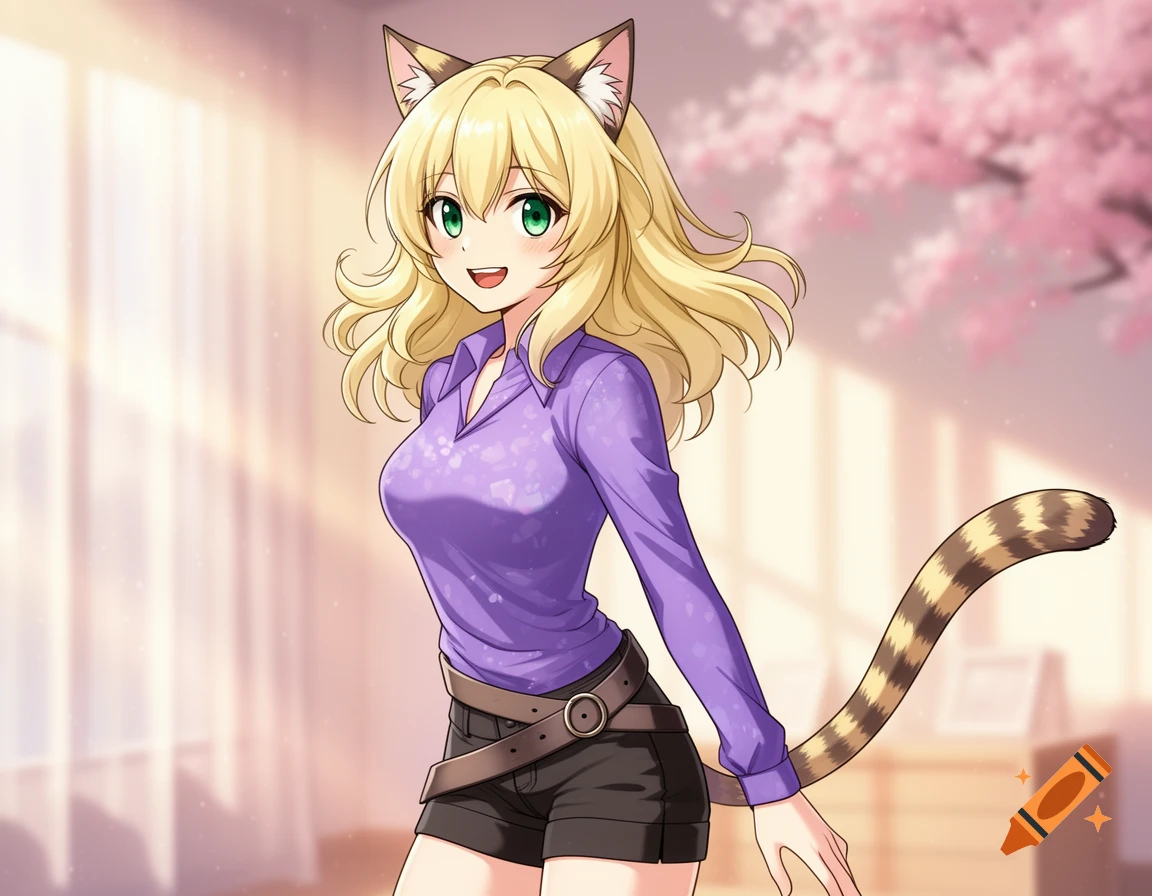 Anime cat girl with blonde hair, green eyes, cat ears, and striped tail, wearing a purple shirt and black shorts, standing in an indoor setting with cherry blossoms.