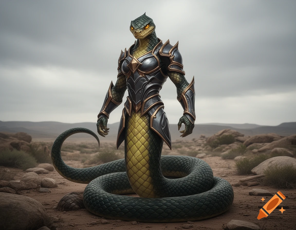 A snake-humanoid creature with a scaly green body and yellow belly, wearing dark, ornate armor, stands in a barren, rocky desert under a cloudy sky.