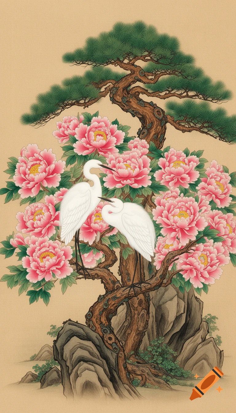 Two white egrets perched on a pink peony tree with a pine tree and rocks, in a Korean folk art (Minhwa) style.