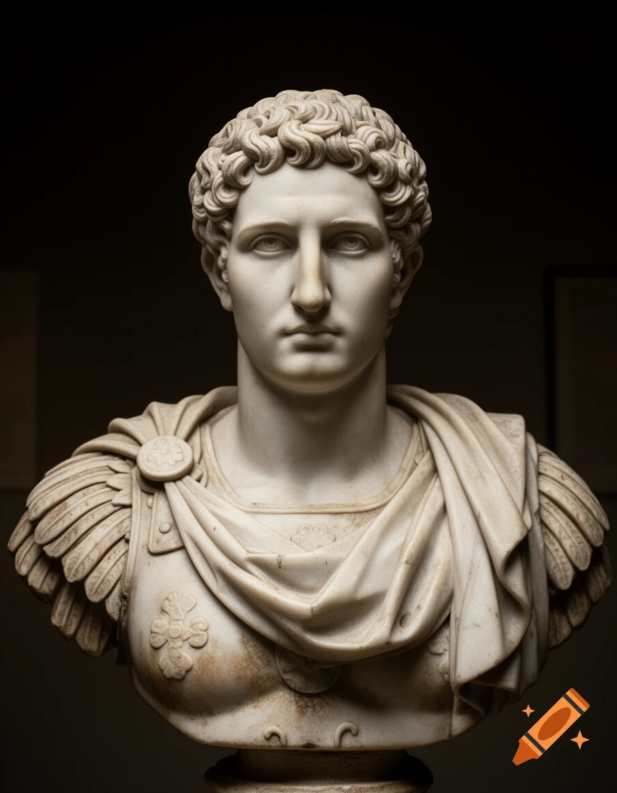 White marble Roman portrait bust of a young man with curly hair and classical features, wearing armor, against a dark museum background.
