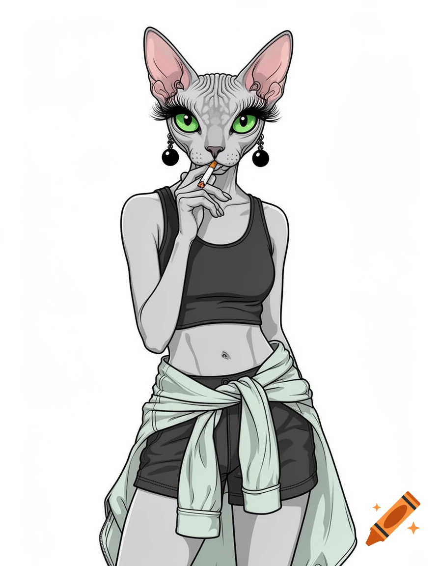 An illustration of a stylized Sphinx cat character in a crop top and shorts, with green eyes, long lashes, and a cigarette, wearing a jacket tied at the waist.