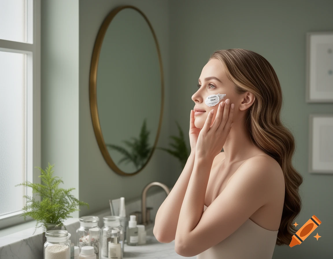 A woman applies a skin care product from a small packet to her cheek in a well-lit bathroom, looking into a mirror.