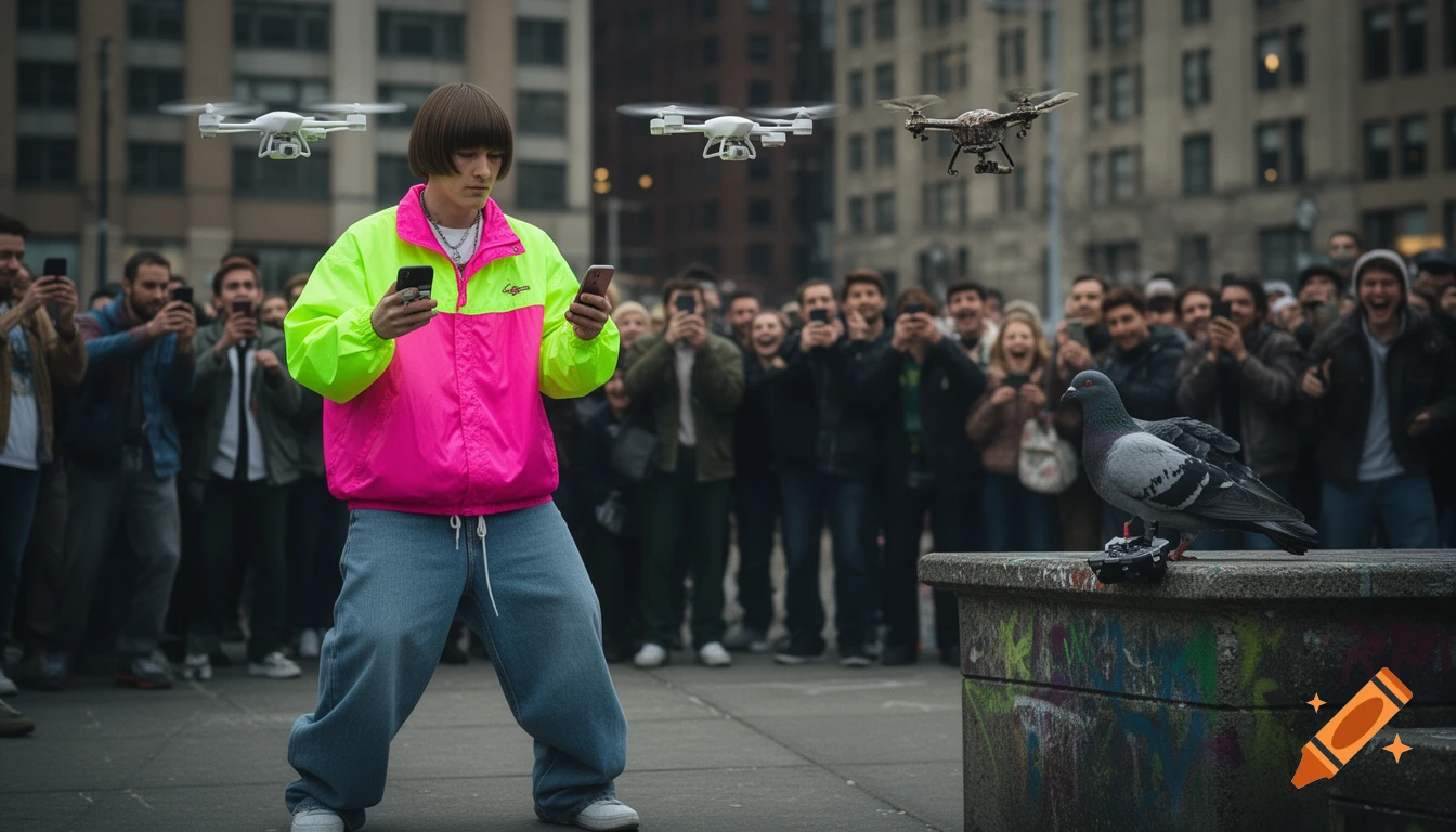 A person in a neon windbreaker and bowl cut pilots drones with smartphones in a city plaza, watched by a crowd, as a pigeon with controllers stands on a graffiti bench.