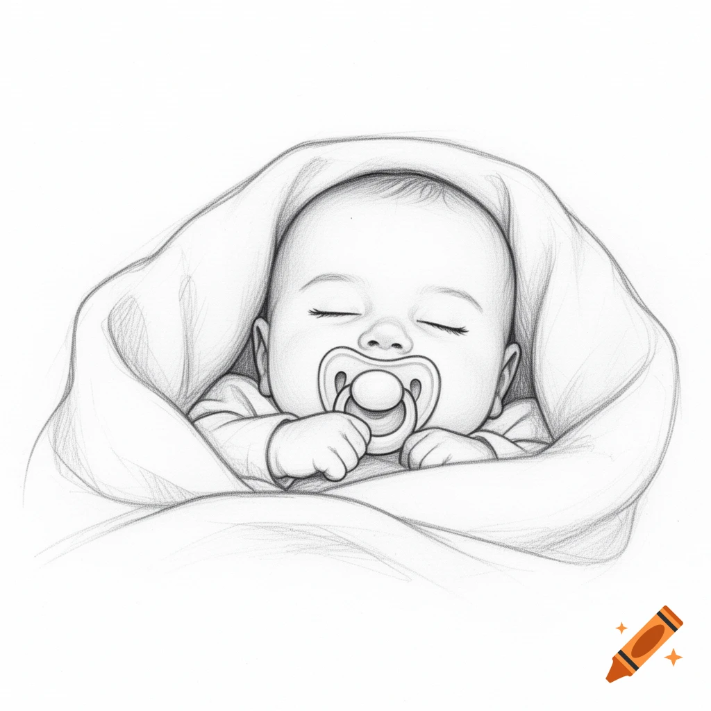 A black and white pencil sketch of a sleeping baby with a pacifier, wrapped in a blanket.