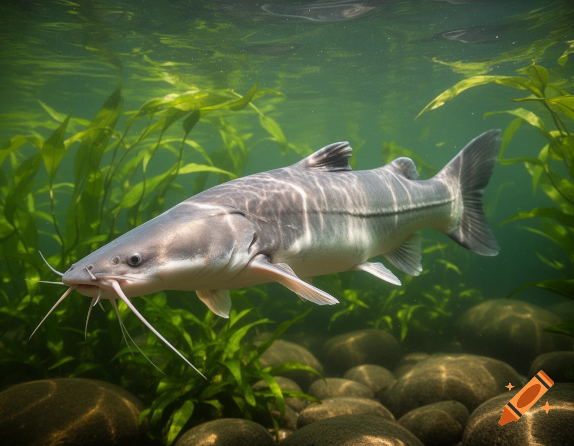 A photorealistic catfish swims gracefully underwater among green plants and rocks, with sunlight filtering through.