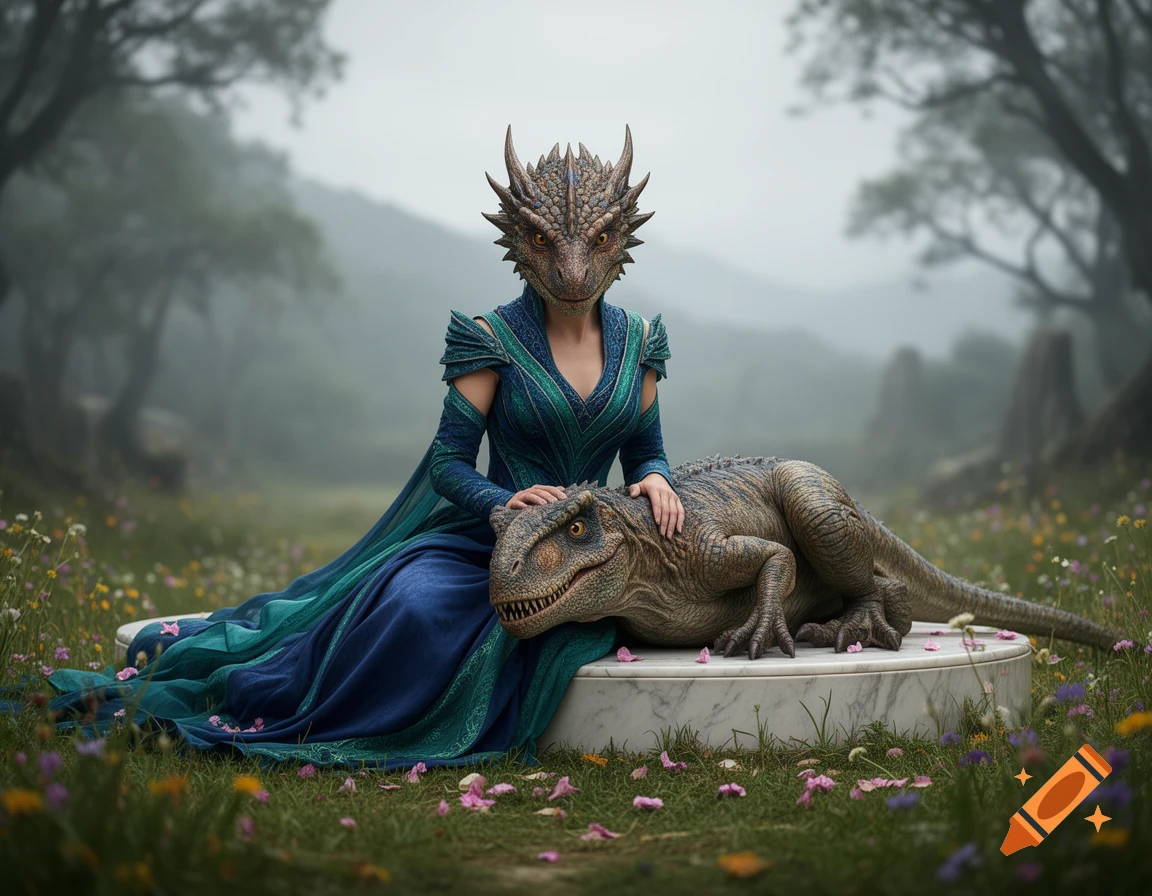 A dragon-headed woman in a flowing teal and blue dress sits in a misty forest, petting a dinosaur on a marble pedestal.