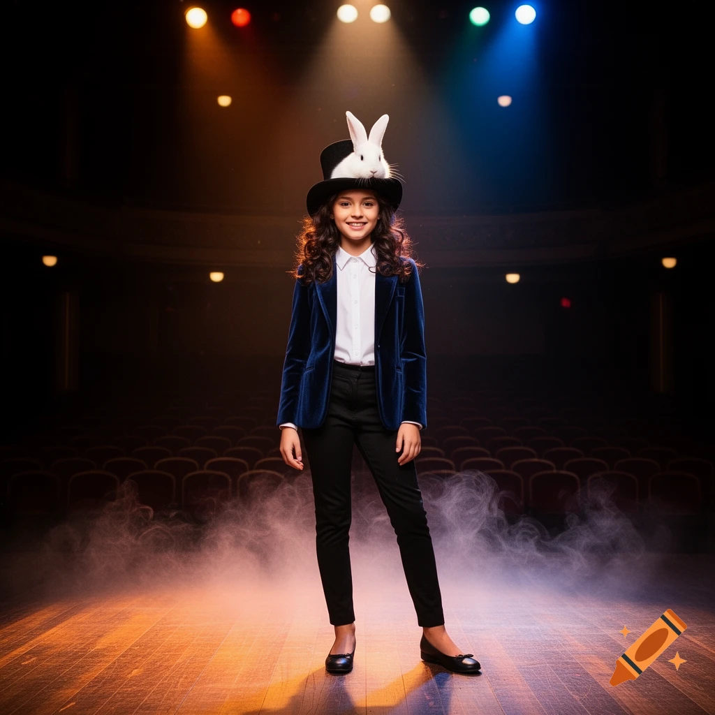 A young girl dressed as a magician, wearing a top hat with a white rabbit in it, stands on a foggy stage with spotlights.