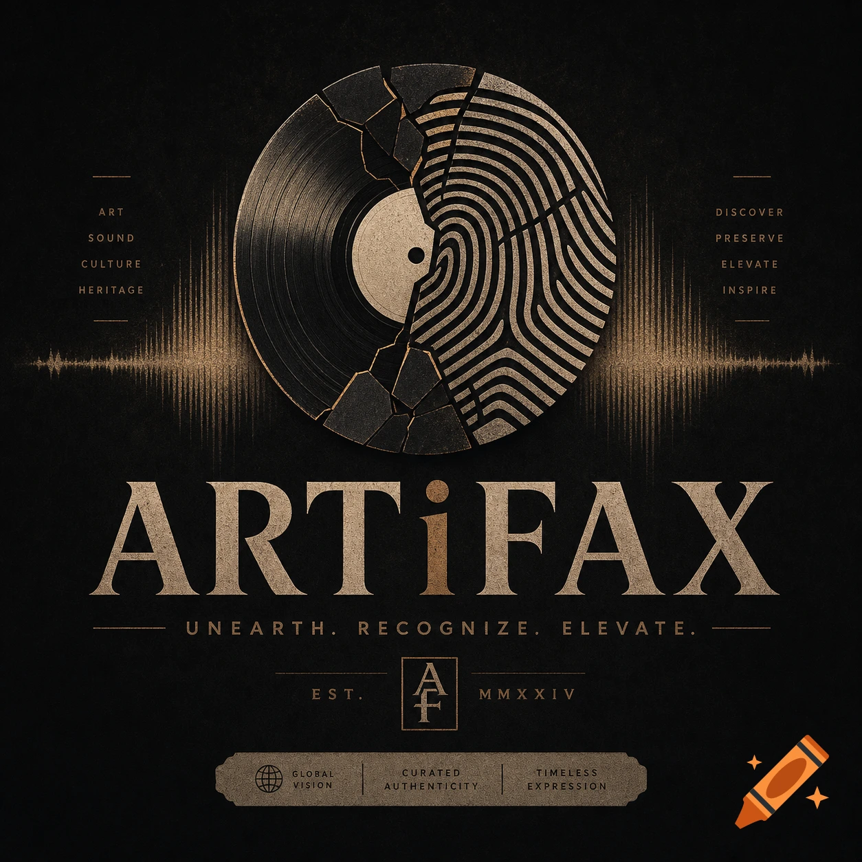 ARTiFAX logo with a shattered vinyl record merging into a fingerprint, soundwaves, and dark gold text on a black background.