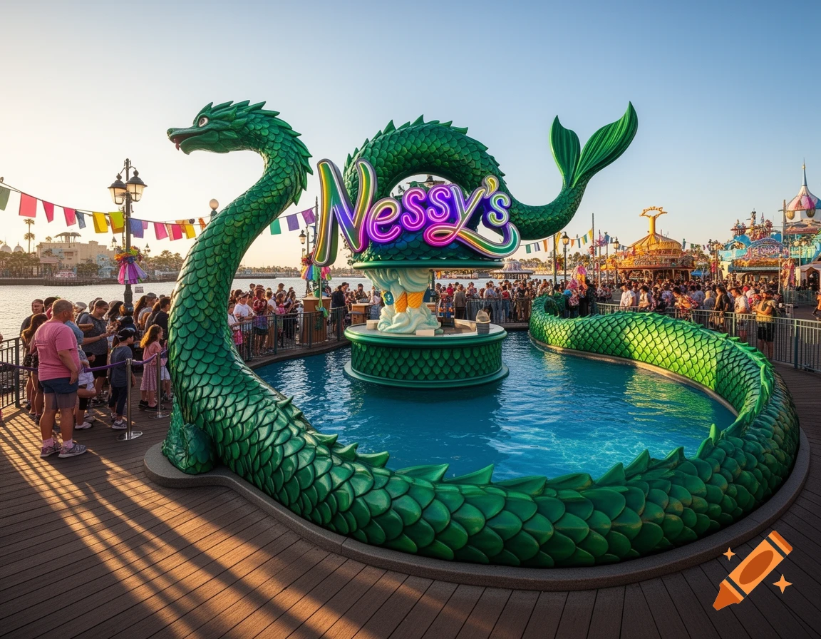 A huge green scaly dragon sculpture forms "Nessy's" ice cream stand in a bustling dockside theme park.