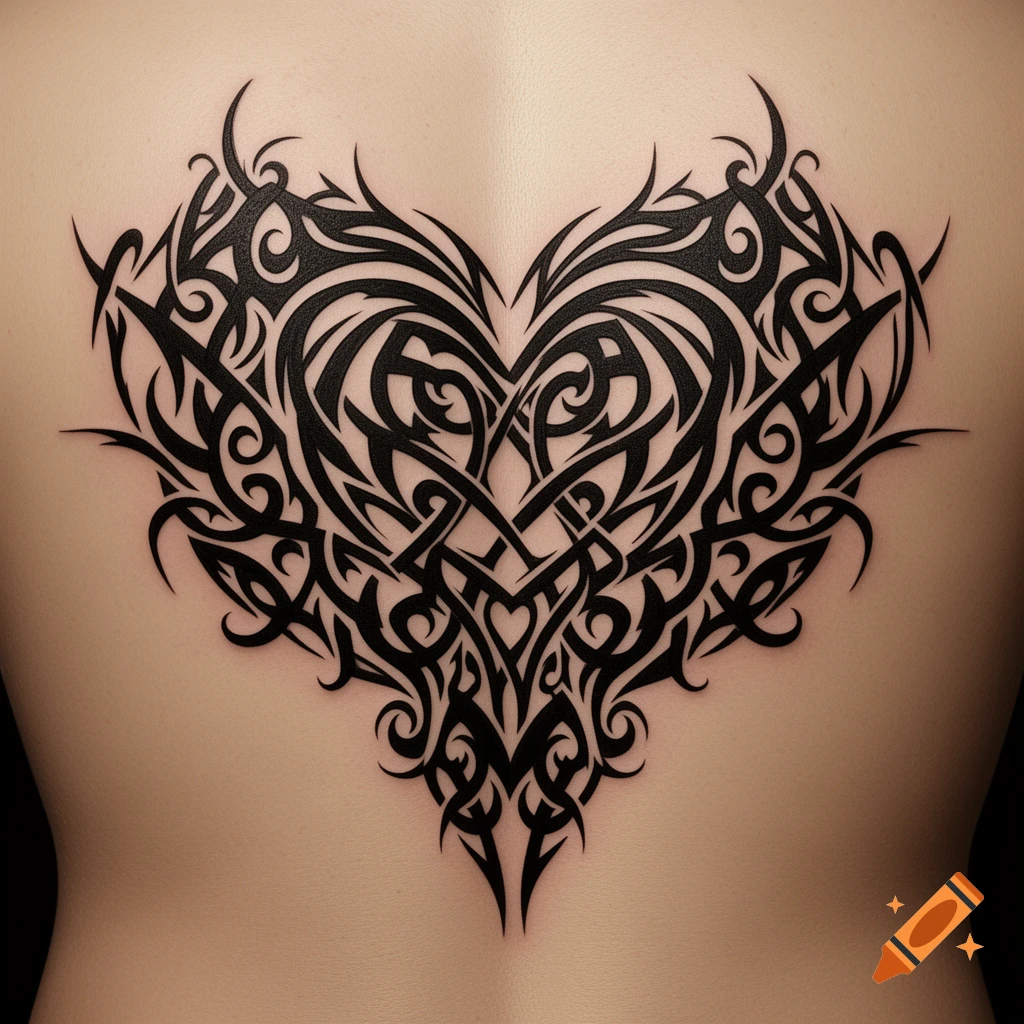 A large, black tribal art heart-shaped tattoo centered on a person's back.