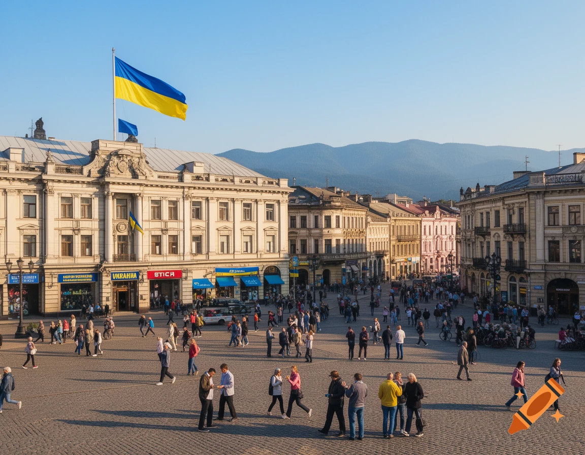 A busy city square in Ukraine with a large Ukrainian flag waving over a grand building, and many people walking on cobblestones.