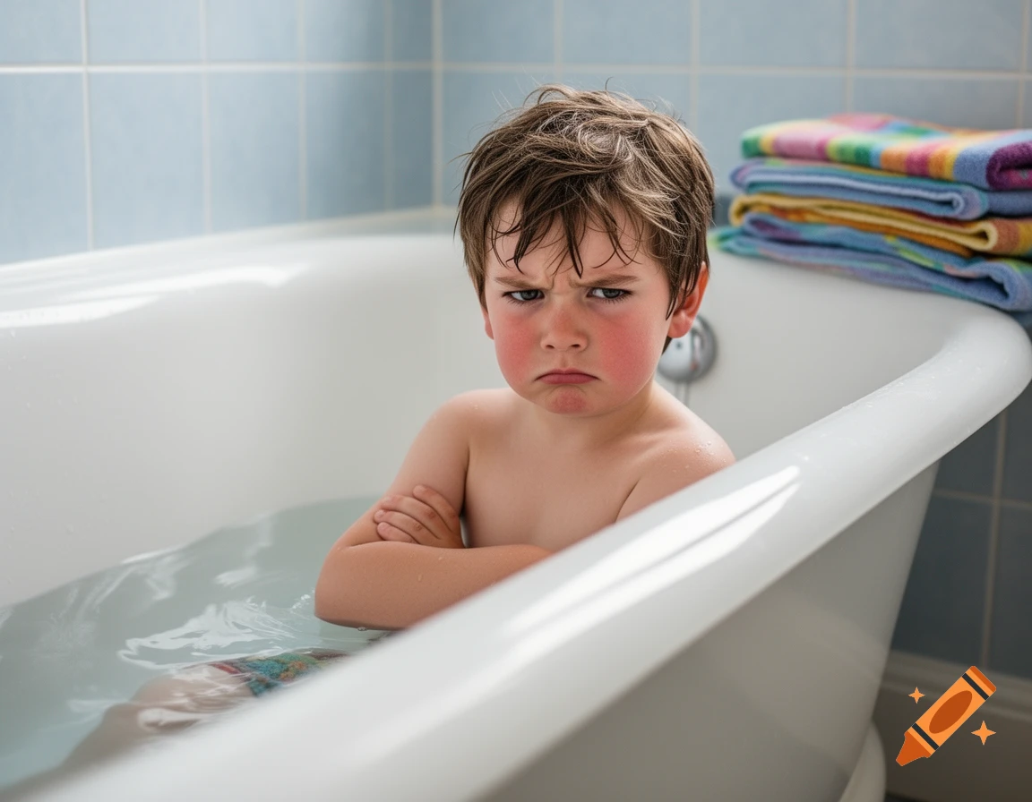 An upset young boy with wet hair sits in a bathtub, arms crossed and a pout on his face, with stacked colorful towels nearby.