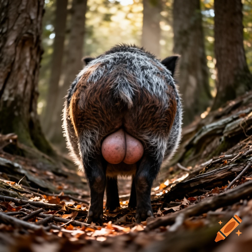 Rear view of a wild boar with visible testicles standing on a forest path with dappled sunlight.