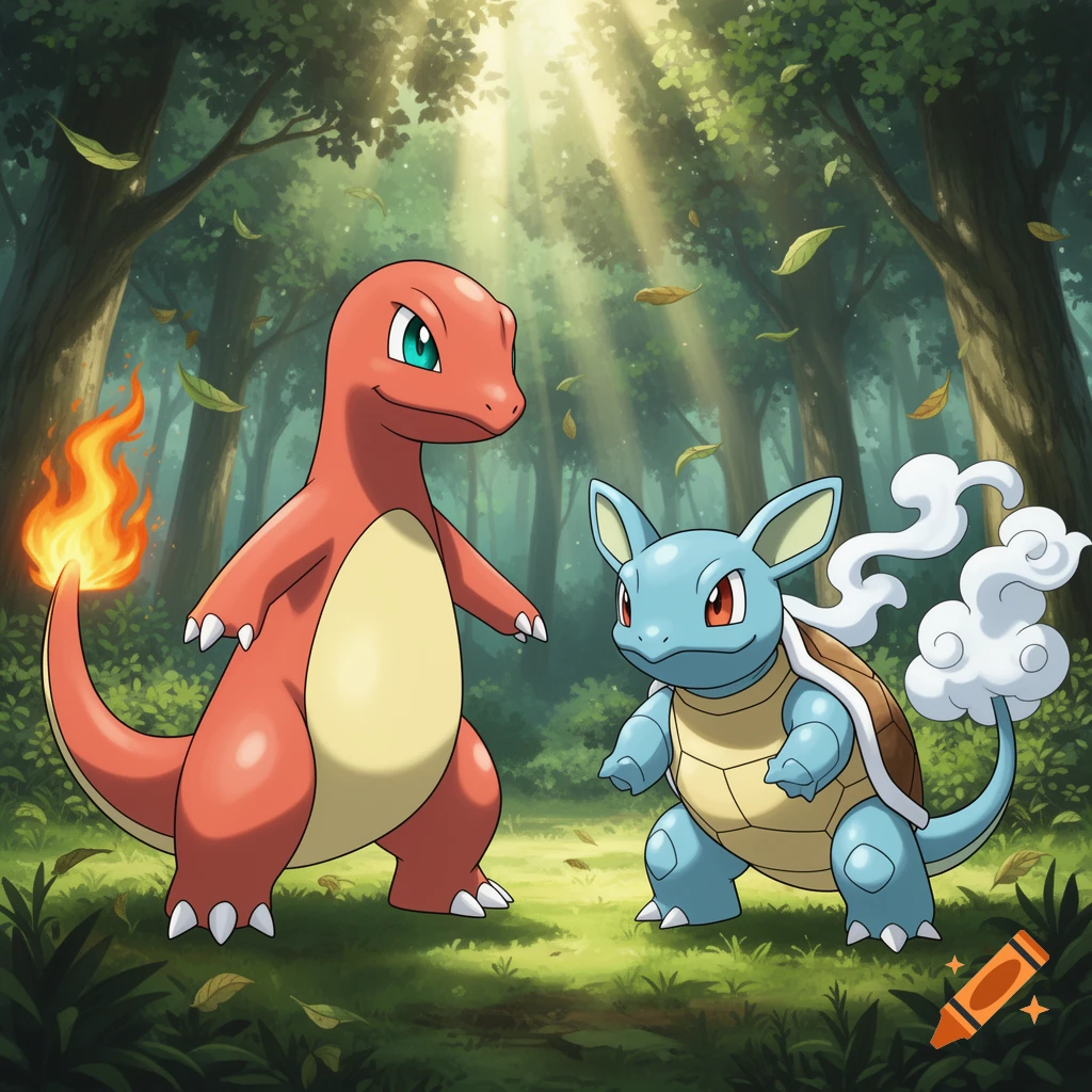 A red Charmander and a blue Wartortle stand in a sun-dappled forest clearing with leaves falling.