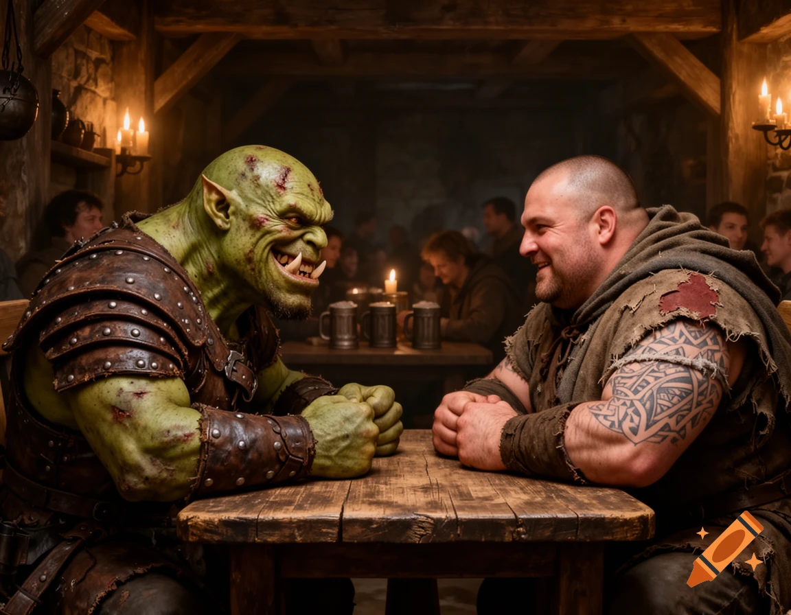 A green-skinned orc and a bald man sit at a wooden table in a dimly lit tavern, both grinning.