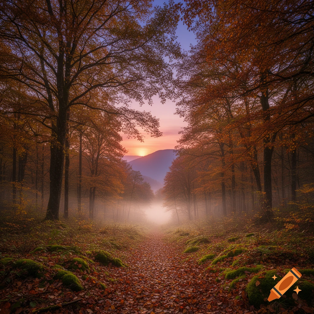 Photorealistic autumn forest path at sunrise, with mist and colorful leaves.