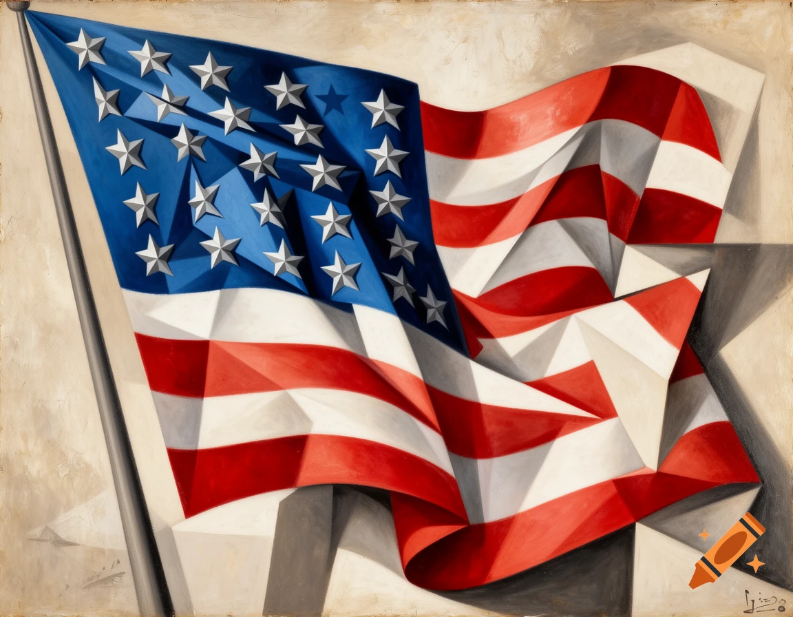 A vibrant, cubist-style painting of a waving American flag, rendered with sharp geometric angles and bold colors.
