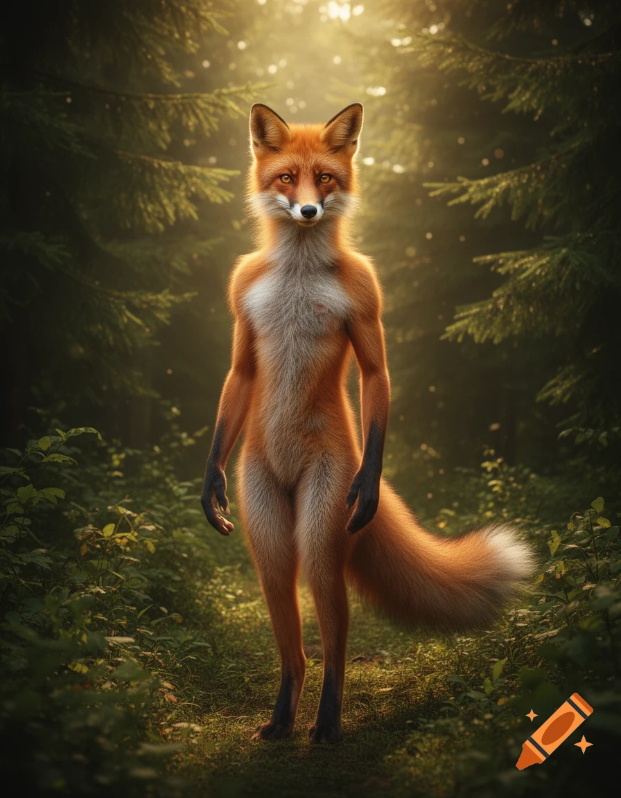 Photorealistic anthropomorphic fox with a human-like body and fox head, standing in a sunlit forest.