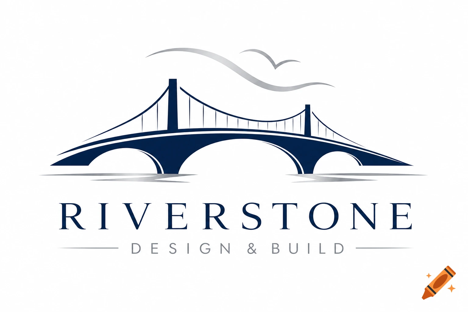 A minimalist logo with a dark blue suspension bridge over water, and the text "RIVERSTONE DESIGN & BUILD" below.