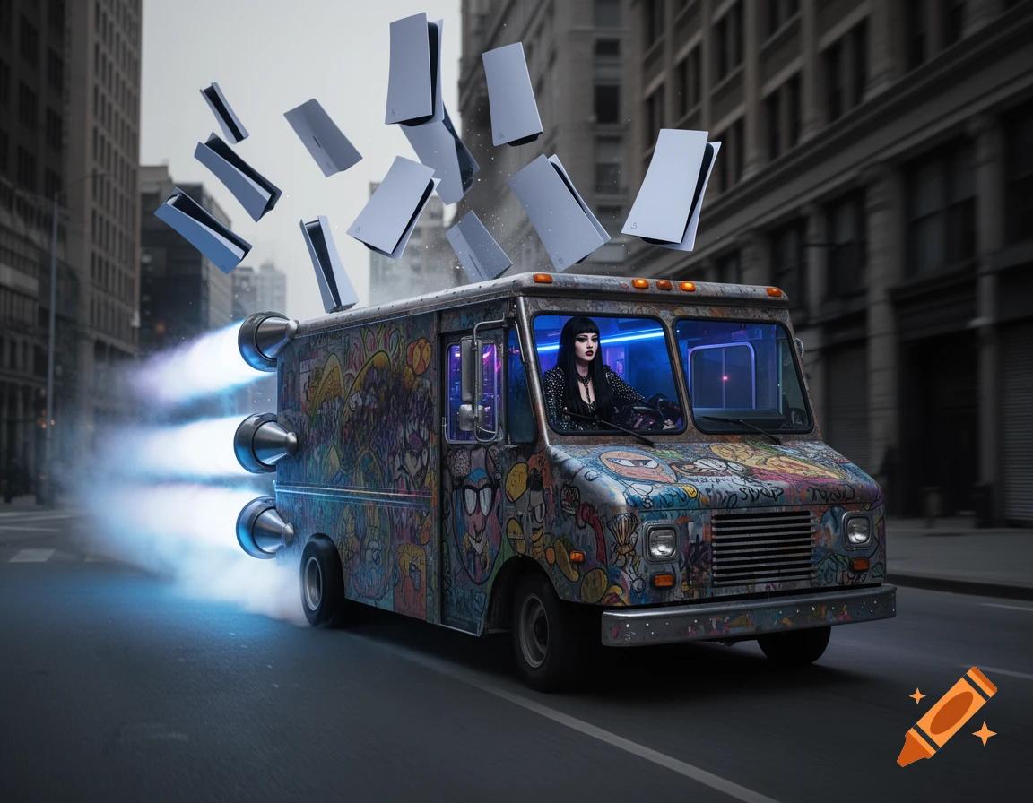 A stylized, graffiti-covered taco truck with rocket boosters speeding down a city street as PlayStation 5 consoles fly out the top. A goth girl with dark hair and striking makeup drives the truck.
