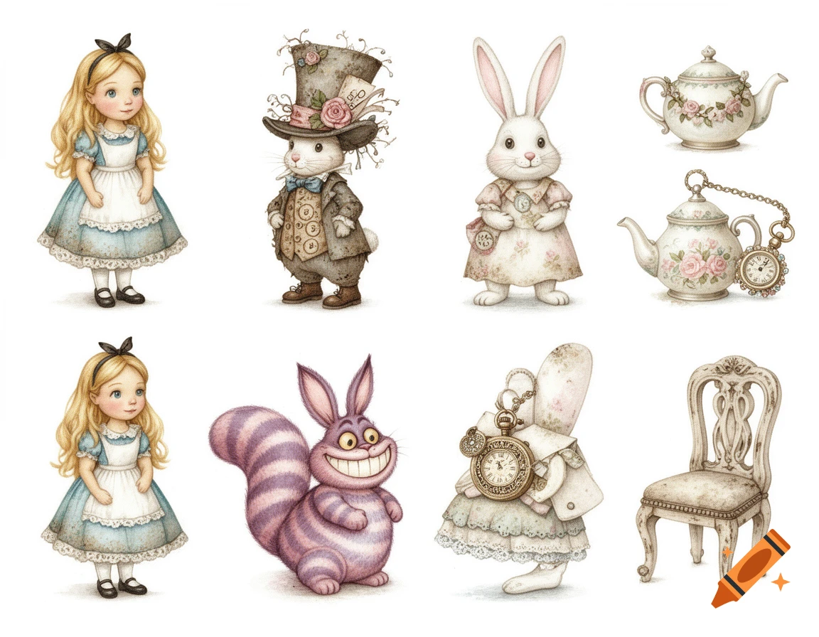 A set of watercolor Alice in Wonderland cliparts featuring Alice, the Mad Hatter, the White Rabbit, the Cheshire Cat, teapots, and a chair in a shabby chic style on a white background.