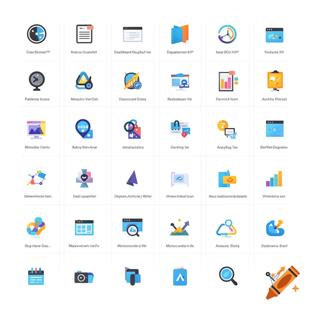 A grid of various flat design digital icons with different shapes, colors, and symbols on a white background, each with illegible text below.