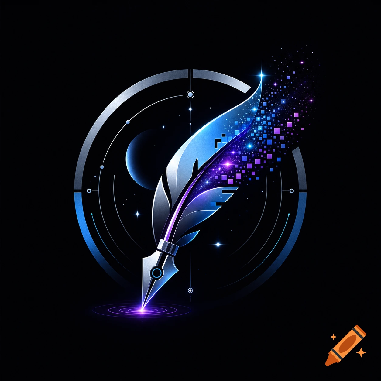 A glowing blue and purple digital quill forms a sci-fi logo, with sparkling pixels trailing and a futuristic target-like design.