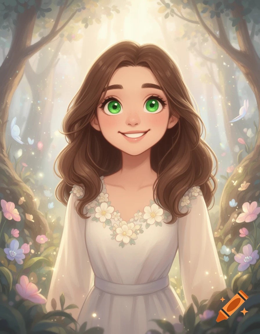 Smiling cartoon girl with brown hair and green eyes in a magical, flower-filled forest with butterflies.