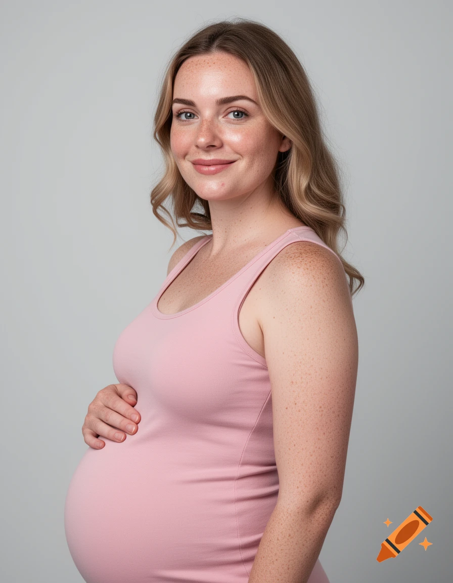 Photorealistic portrait of a smiling pregnant woman in a pink tank top, holding her baby bump against a light gray background.