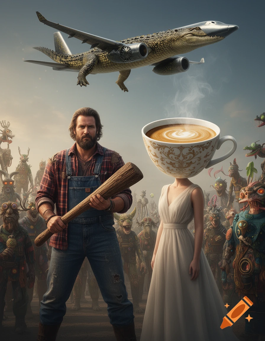 A man with a club stands beside a woman with a coffee cup head, a crocodile-plane flies above them, and an army of monsters waits behind in a surreal, detailed image.