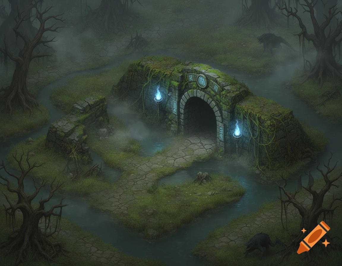 Isometric view of a mossy stone archway entrance to an underground passage in a misty swamp, flanked by dead trees and glowing torches.