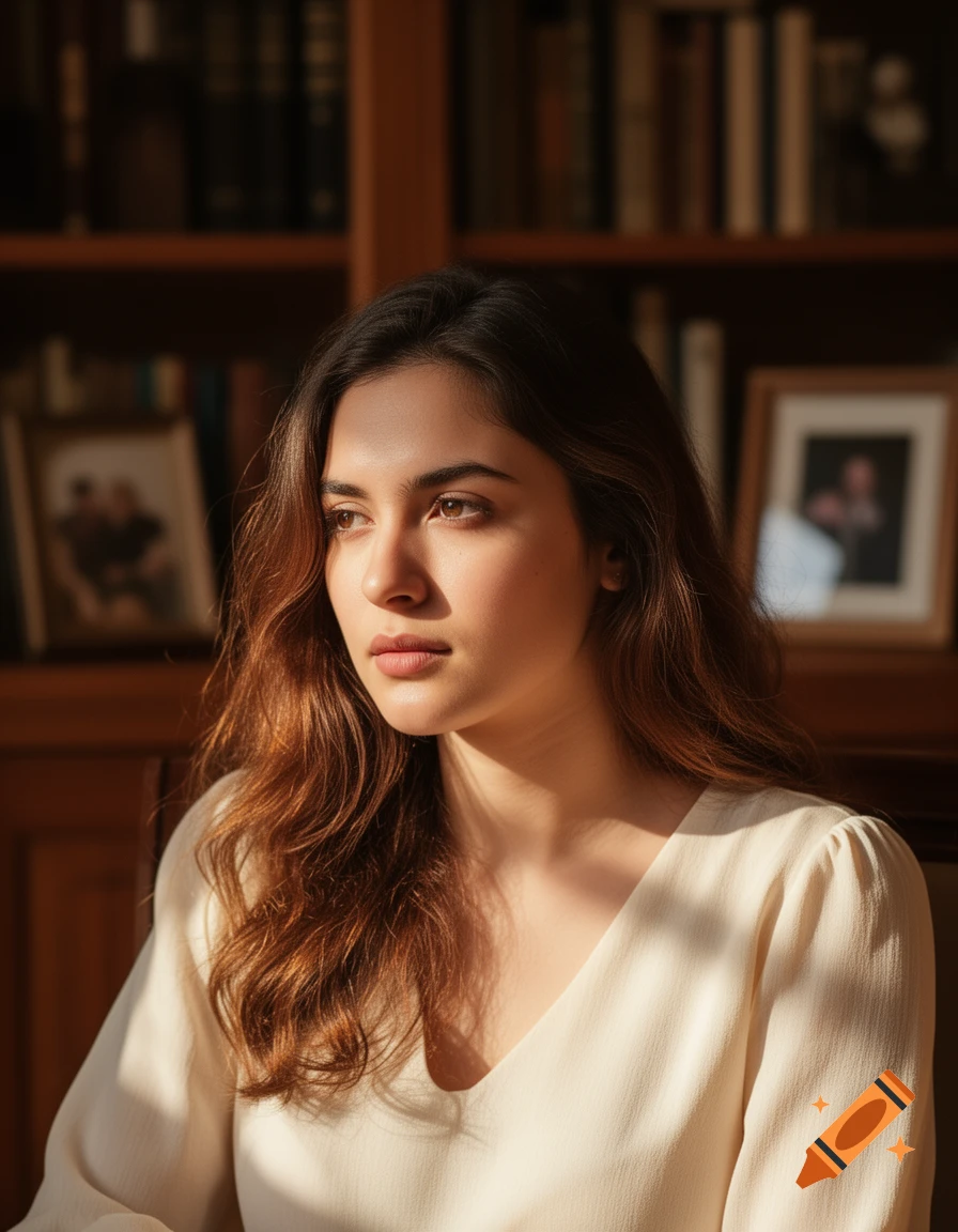 A woman with long wavy brown hair, wearing a cream top, looks away, bathed in sunlight, with a blurred bookshelf behind her.