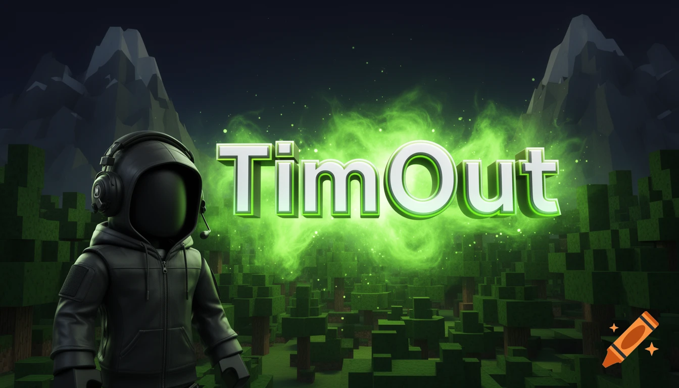 A faceless black Roblox avatar in a tactical hoodie and headset in a blocky forest with glowing green 'TimOut' text.