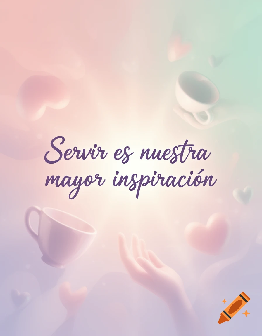 A pastel image with the text 'Servir es nuestra mayor inspiración', floating cups, and hands reaching up in soft light.