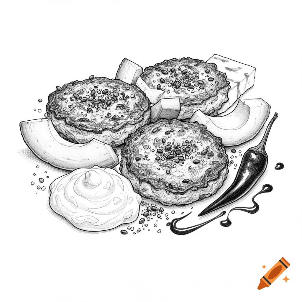 Black and white sketch of three courgette fritters with avocado slices, cheese cubes, a dollop of tzatziki, a red chili, and scattered seeds.