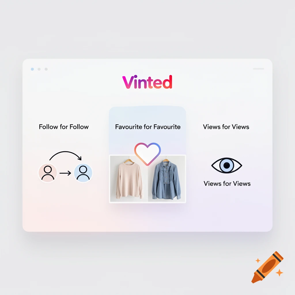A clean, modern Vinted app interface featuring 'Follow for Follow' with user icons, 'Favourite for Favourite' with a heart and two sweaters, and 'Views for Views' with an eye icon.