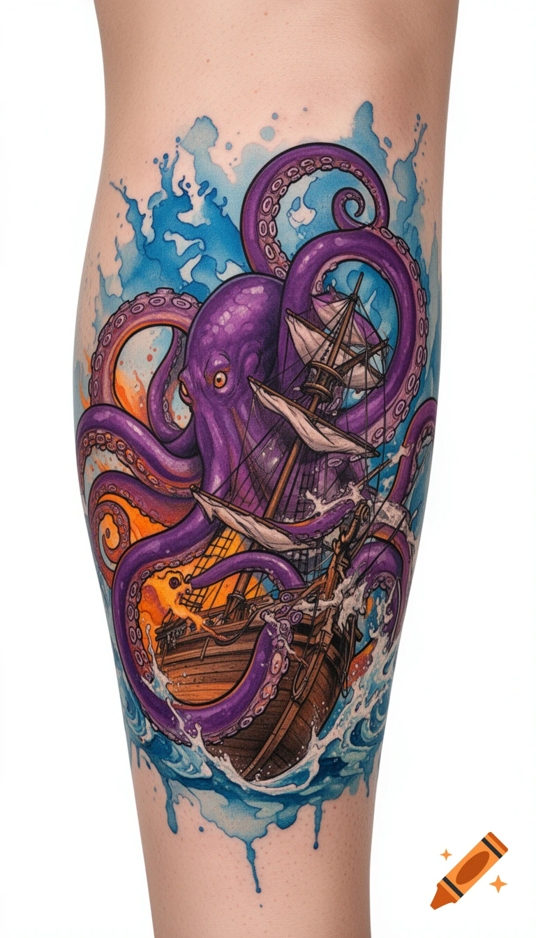 Vibrant new school tattoo of a purple kraken attacking a pirate ship on a leg, with watercolor splashes.